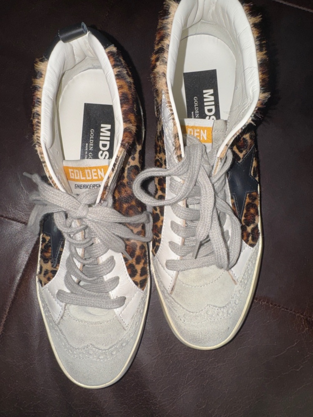 Golden Goose White, Gray & Leopard Print Mid-Star Sneakers size 37